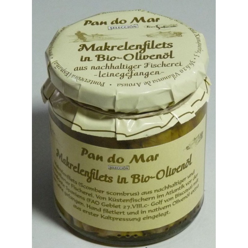MAKRELA FILETY W BIO OLIWIE Z OLIWEK EXTRA VIRGIN 220 g (154 g) (SŁOIK) - PAN DO MAR