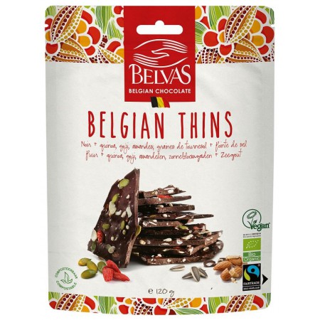 KAWAŁKI CZEKOLADY GORZKIEJ Z MIGDAŁAMI, QUINOA, JAGODAMI GOJI FAIR TRADE BEZGLUTENOWE BIO 120 g - BELVAS