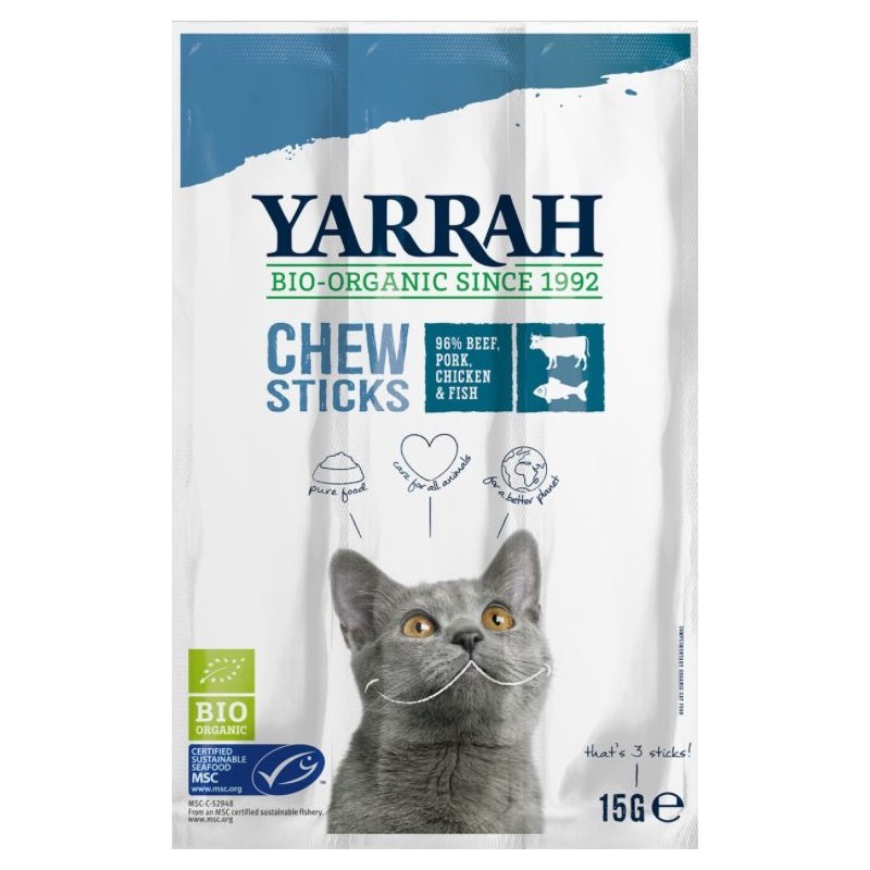 (DLA KOTA) PAŁECZKI DO GRYZIENIA Z WOŁOWINĄ I RYBĄ BIO (3 x 5 g) 15 g - YARRAH
