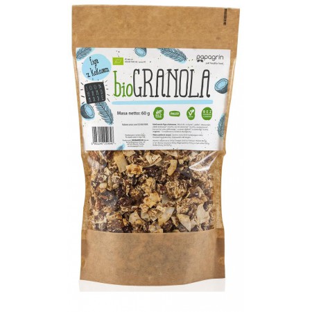GRANOLA FIGA Z KOKOSEM BEZ DODATKU CUKRÓW BEZGLUTENOWA BIO 60 g - PAPAGRIN