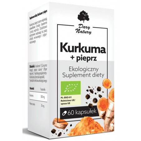 KURKUMA Z CZARNYM PIEPRZEM BIO 60 KAPSUŁEK (555 mg) - DARY NATURY