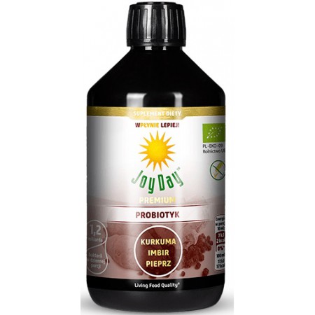 SUPLEMENT DIETY KONCENTRAT NAPOJU PROBIOTYCZNEGO KURKUMA IMBIR PIEPRZ BEZGLUTENOWY BIO 500 ml - JOY DAY
