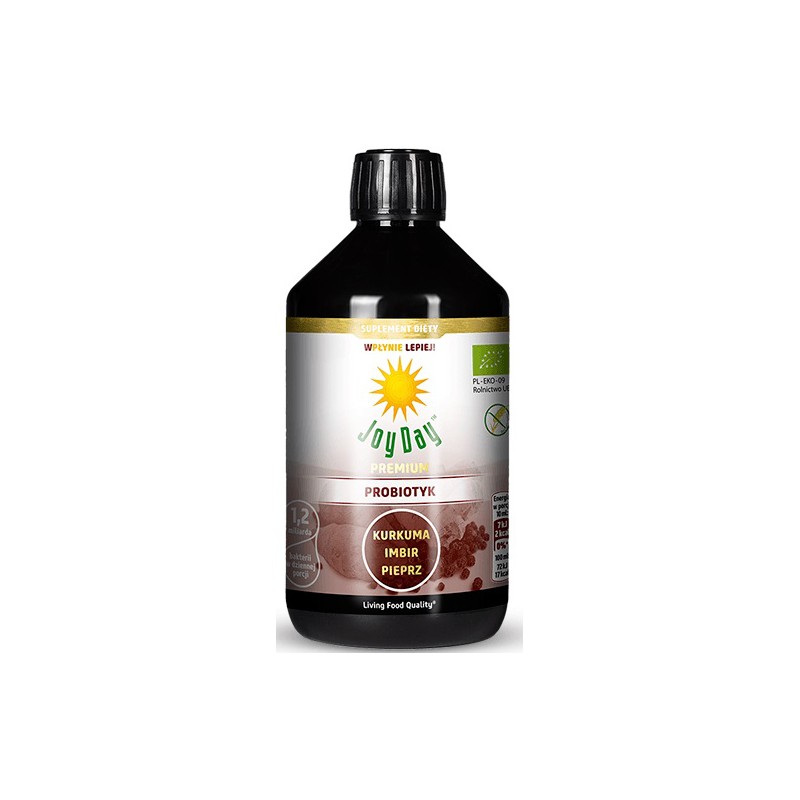 SUPLEMENT DIETY KONCENTRAT NAPOJU PROBIOTYCZNEGO KURKUMA IMBIR PIEPRZ BEZGLUTENOWY BIO 500 ml - JOY DAY