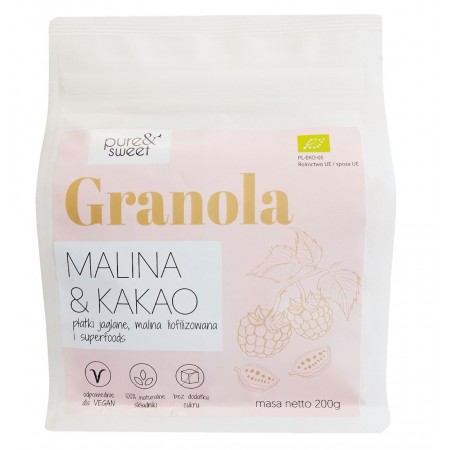 GRANOLA MALINA - KAKAO BEZ DODATKU CUKRÓW BIO 200 g - PURE & SWEET