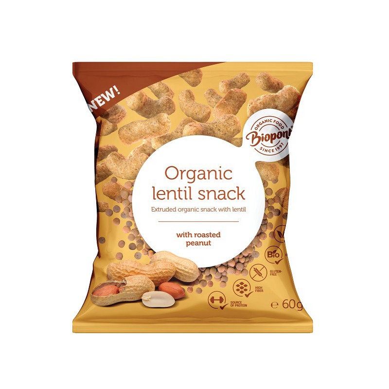 CHRUPKI Z SOCZEWICY Z ORZESZKAMI ZIEMNYMI PRAŻONYMI BEZGLUTENOWE BIO 60 g - BIOPONT