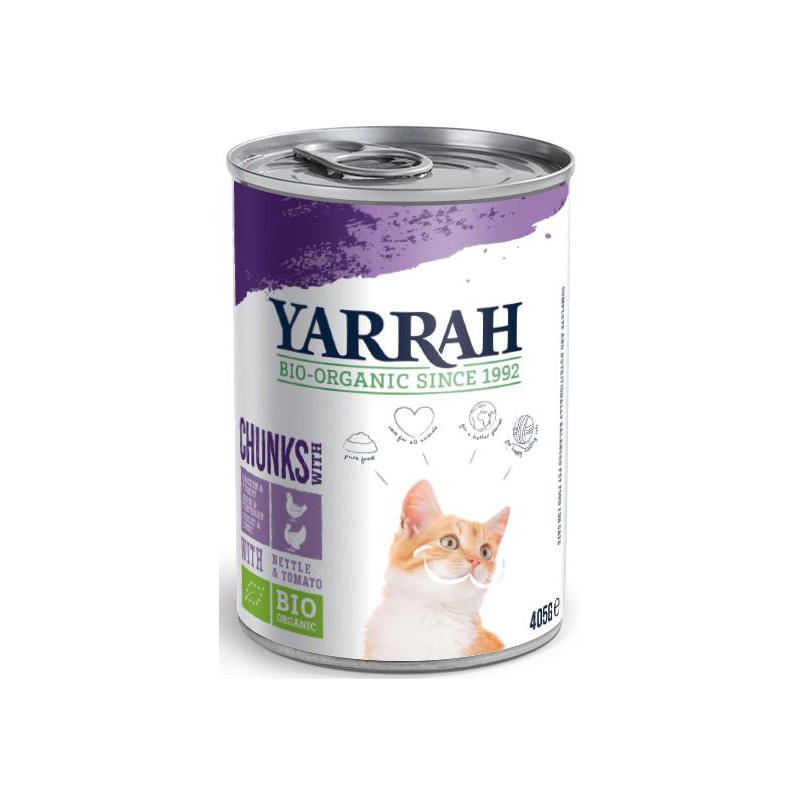 (DLA KOTA DOROSŁEGO) KAWAŁKI KURCZAKA I INDYKA Z POMIDOREM I POKRZYWĄ BIO 405 g - YARRAH