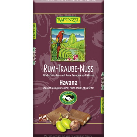 CZEKOLADA MLECZNA Z RODZYNKAMI, RUMEM I ORZECHAMI LASKOWYMI FAIR TRADE BIO 100 g - RAPUNZEL