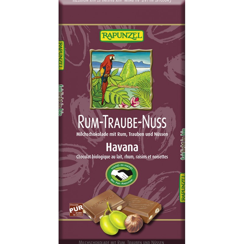 CZEKOLADA MLECZNA Z RODZYNKAMI, RUMEM I ORZECHAMI LASKOWYMI FAIR TRADE BIO 100 g - RAPUNZEL