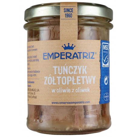 TUŃCZYK ŻÓŁTOPŁETWY MSC W OLIWIE Z OLIWEK 200 g (130 g) (SŁOIK) - EMPERATRIZ