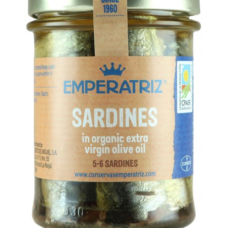 SARDYNKI EUROPEJSKIE W BIO OLIWIE Z OLIWEK EXTRA VIRGIN 190 g (133 g) (SŁOIK) - EMPERATRIZ