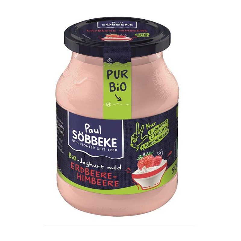 JOGURT KREMOWY TRUSKAWKA - MALINA (3,8% TŁUSZCZU W MLEKU) BIO 500 g (SŁOIK) - SOBBEKE