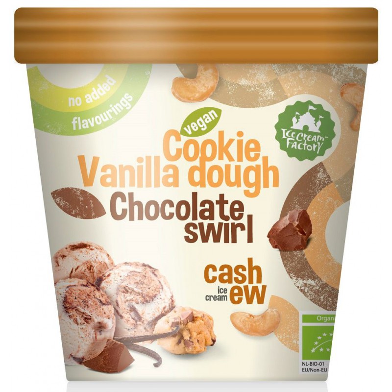 LODY WEGAŃSKIE - ICE CREAM FACTORY - Z ORZECHÓW NERKOWCA Z KAWAŁKAMI CIASTEK I CZEKOLADY Z SOSEM O SMAKU CZEKOLADOWYM BIO 500