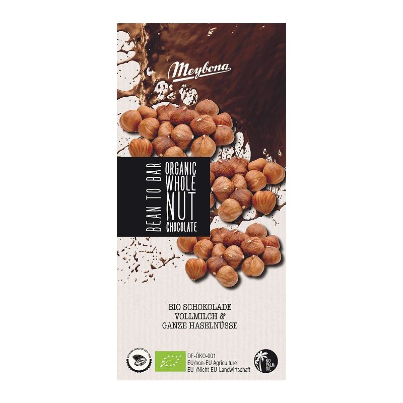 CZEKOLADA MLECZNA Z CAŁYMI ORZECHAMI LASKOWYMI BIO 100 g - MEYBONA