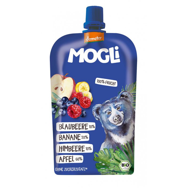 PRZECIER OWOCOWY JABŁKO - BANAN - JAGODA - MALINA BEZ DODATKU CUKRÓW DEMETER BIO 120 g - MOGLI