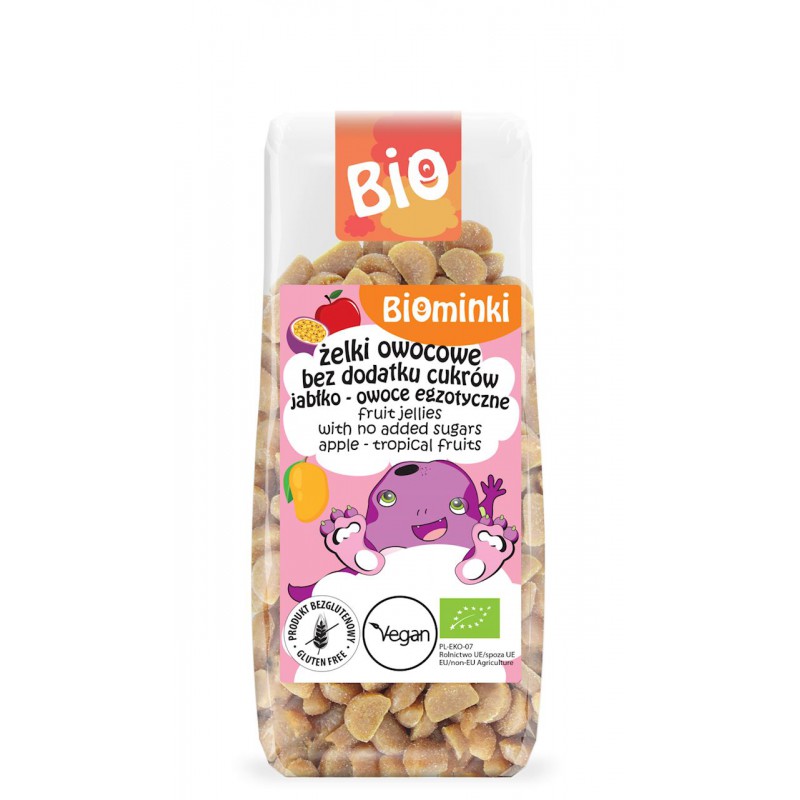 ŻELKI OWOCOWE BEZ DODATKU CUKRÓW JABŁKO - OWOCE EGZOTYCZNE BEZGLUTENOWE BIO 150 g - BIOMINKI