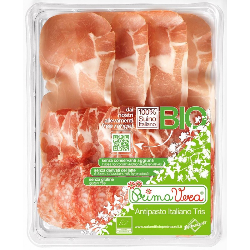 (SALAMI MILANO + KARCZEK DOJRZEWAJĄCY COPPA DI PARMA + SZYNKA PROSCIUTTO CRUDO) MIX PLASTRY BEZGLUTENOWE BIO 120 g - PRIMAVERA