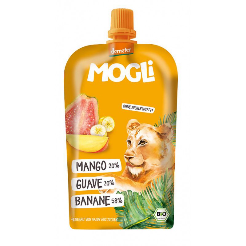 PRZECIER OWOCOWY BANAN - GUAWA - MANGO BEZ DODATKU CUKRÓW DEMETER BIO 120 g - MOGLI