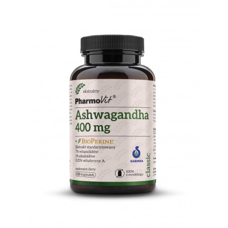 Ashwagandha 400 mg + BioPerine® Ekstrakt standaryzowany 7% witanolidów, 1% alkaloidów, 0,25% witaferyny A 120 kaps | Classic 