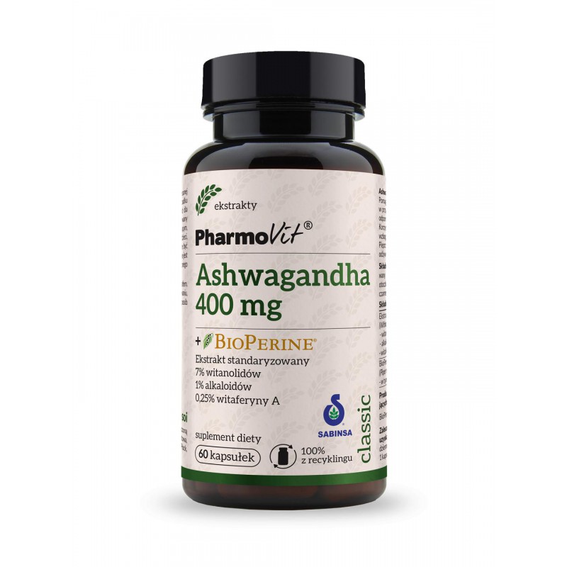 Ashwagandha 400 mg + BioPerine® Ekstrakt standaryzowany 7% witanolidów, 1% alkaloidów, 0,25% witaferyny A 60 kaps | Classic P