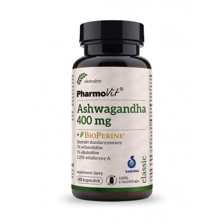 Ashwagandha 400 mg + BioPerine® Ekstrakt standaryzowany 7% witanolidów, 1% alkaloidów, 0,25% witaferyny A 60 kaps | Classic P