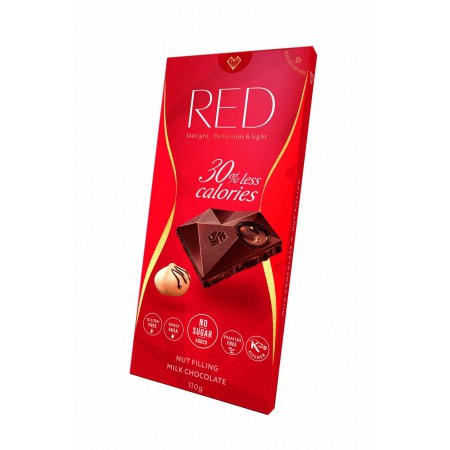 Czekolada mleczna z nadzieniem (10%) orzechowym, o zmniejszonej wartości energetycznej, bez dodatku cukrów RED 110 g - RED Del