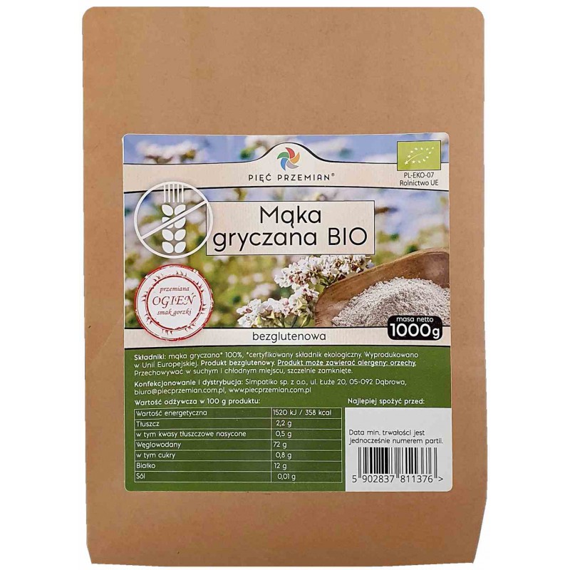 Mąka gryczana pełnoziarnista BIO bezglutenowa 1000 g - Pięć Przemian