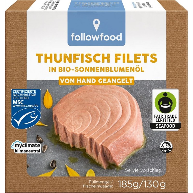 TUŃCZYK BONITO MSC FILETY FAIR TRADE W BIO OLEJU SŁONECZNIKOWYM 185 g (130 g) -  FOLLOWFOOD