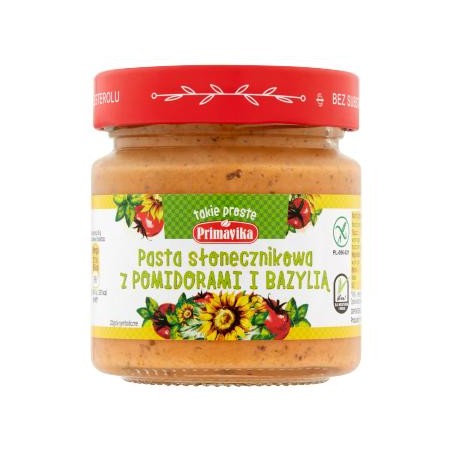 PASTA SŁONECZNIKOWA Z POMIDORAMI I BAZYLIĄ BEZGLUTENOWA 160 g - PRIMAVIKA