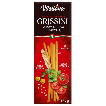 PALUSZKI GRISSINI Z POMIDORAMI I BAZYLIĄ 125 g - VITALIANA