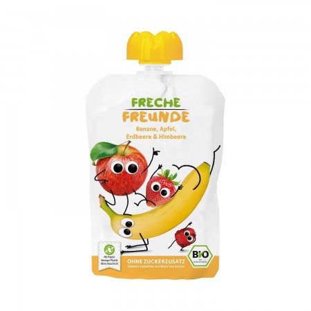 MUS BANAN - JABŁKO - TRUSKAWKA - MALINA BEZ DODATKU CUKRÓW BEZGLUTENOWY OD 6 MIESIĄCA BIO 100 g - FRECHE FREUNDE