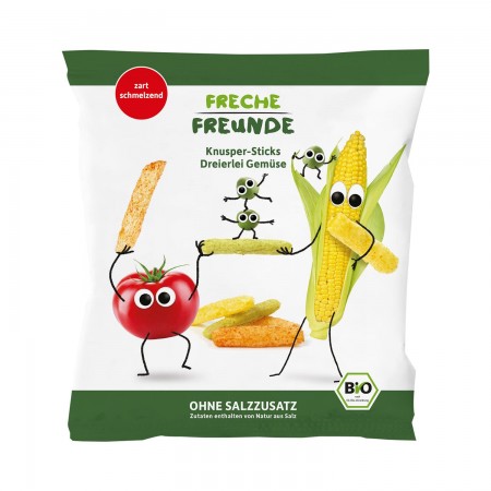 CHRUPKI KUKURYDZIANE Z GROSZKIEM I POMIDORAMI BEZGLUTENOWE OD 1 ROKU BIO 30 g - FRECHE FREUNDE