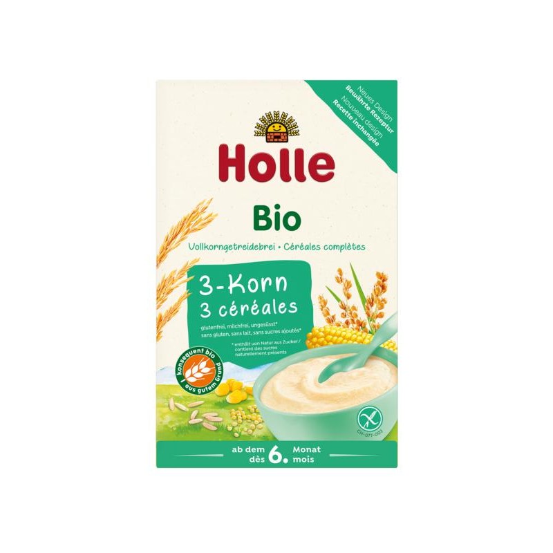 KASZKA PEŁNOZIARNISTA 3 ZBOŻA BEZ DODATKU CUKRÓW BEZGLUTENOWA OD 6 MIESIĄCA BIO 250 g - HOLLE