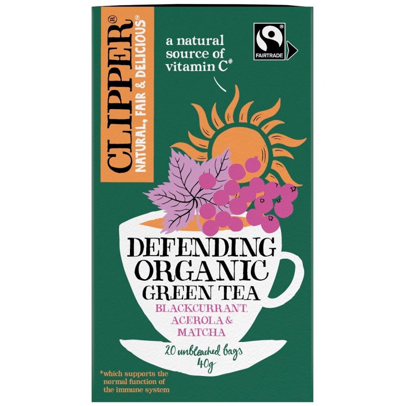 HERBATA ZIELONA Z CZARNĄ PORZECZKĄ, ACEROLĄ I MATCHĄ "ODPORNOŚĆ" FAIR TRADE BIO (20 x 2 g) 40 g - CLIPPER