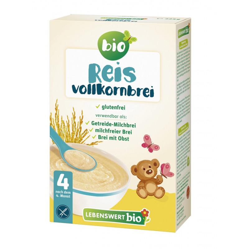 KASZKA RYŻOWA PEŁNOZIARNISTA BEZ DODATKU CUKRÓW BEZGLUTENOWA OD 5 MIESIĄCA BIO 225 g - LEBENSWERT