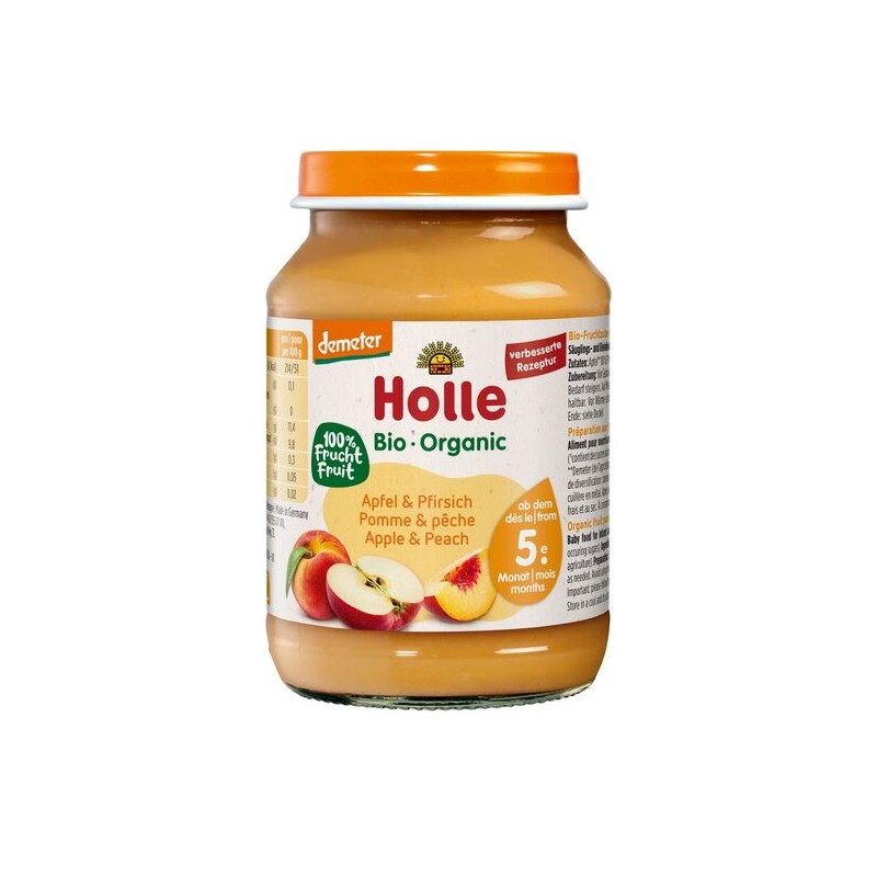 JABŁKO - BRZOSKWINIA BEZGLUTENOWE OD 5 MIESIĄCA DEMETER BIO 190 g (SŁOIK) - HOLLE