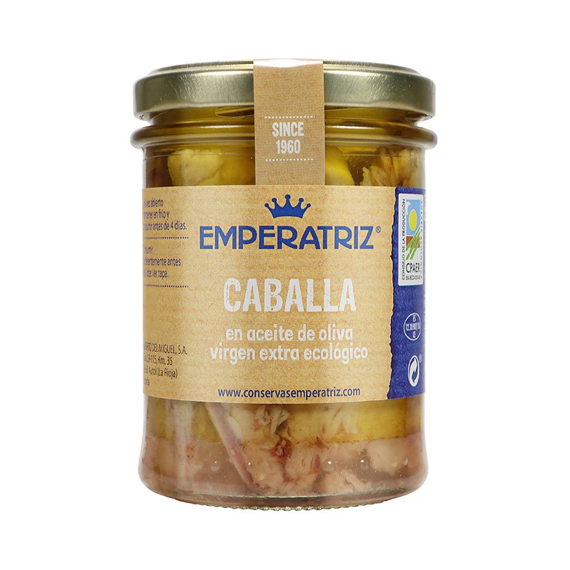 MAKRELA FILETY W BIO OLIWIE Z OLIWEK EXTRA VIRGIN 190 g (125 g) (SŁOIK) - EMPERATRIZ