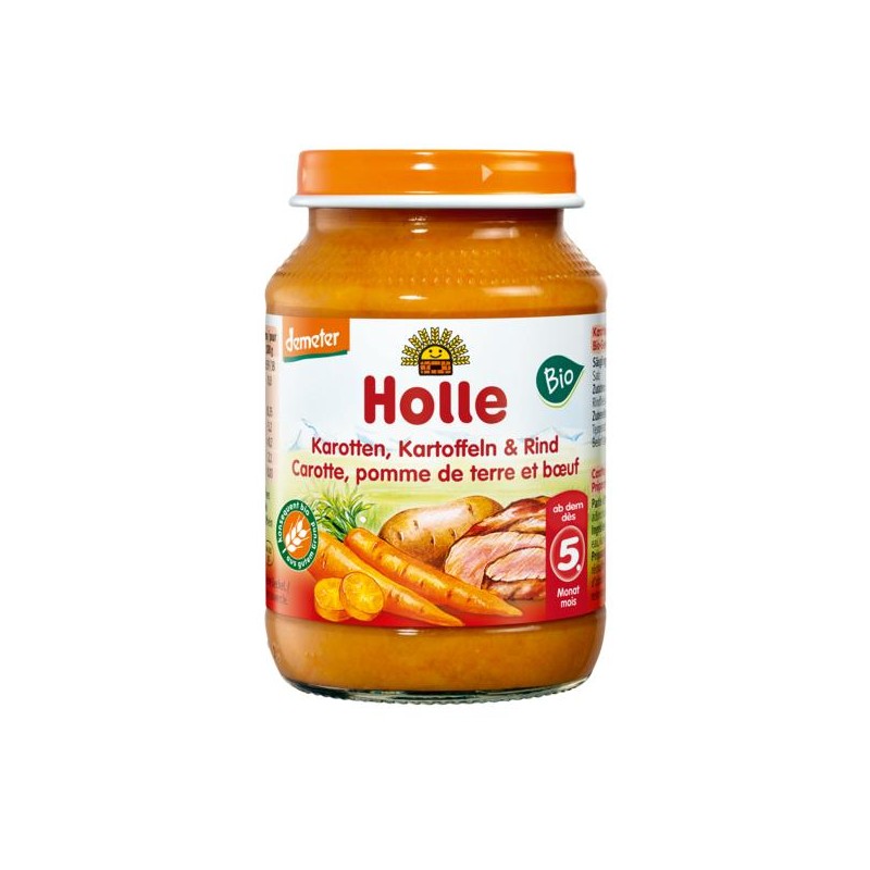 MARCHEW - ZIEMNIAK - WOŁOWINA BEZ DODATKU CUKRÓW BEZGLUTENOWE OD 5 MIESIĄCA DEMETER BIO 190 g (SŁOIK) - HOLLE