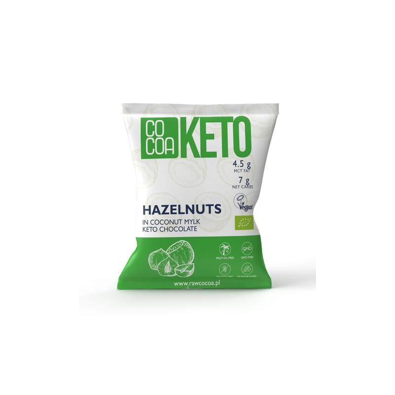 ORZECHY LASKOWE W CZEKOLADZIE KETO Z OLEJEM MCT BEZ DODATKU CUKRU BEZGLUTENOWE BIO 70 g - COCOA