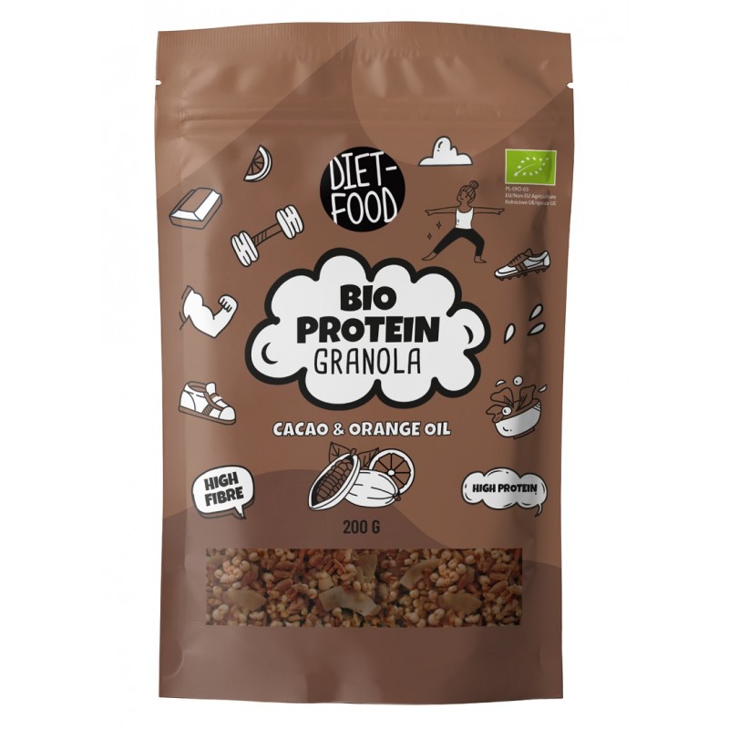 GRANOLA PROTEINOWA KAKAO I OLEJEK POMARAŃCZOWY BIO 200 g - DIET-FOOD