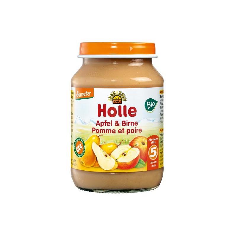 JABŁKO - GRUSZKA BEZ DODATKU CUKRÓW BEZGLUTENOWE OD 5 MIESIĄCA DEMETER BIO 190 g (SŁOIK) - HOLLE