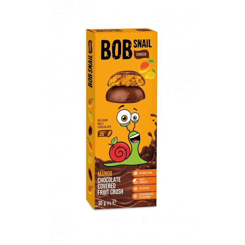 PRZEKĄSKA CHOCO MANGO W MLECZNEJ CZEKOLADZIE BELGIJSKIEJ BEZ DODATKU CUKRU BEZGLUTENOWA 30 g - BOB SNAIL