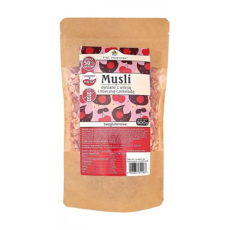 MUSLI OWSIANE Z WIŚNIĄ I Z CZEKOLADĄ MLECZNĄ BEZGLUTENOWE 500 g - PIĘĆ PRZEMIAN