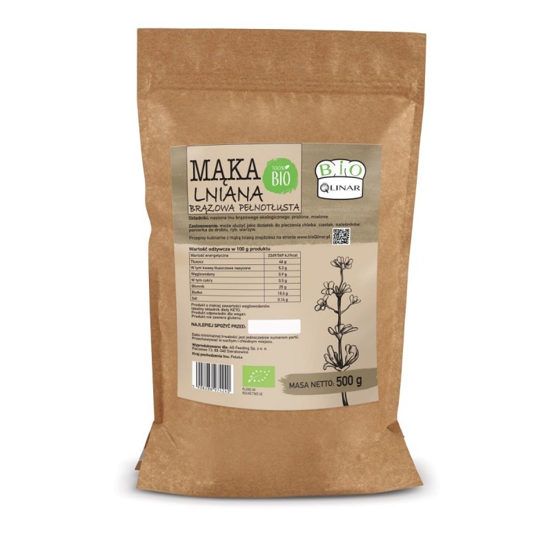 MĄKA LNIANA BRĄZOWA PEŁNOTŁUSTA BEZGLUTENOWA BIO 500 g - BIO QLINAR