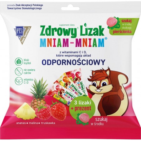 ZDROWY LIZAK MINIAM-MNIAM Z WITAMINĄ C I D NA ODPORNOŚĆ BEZ CUKRU (3 LIZAKI + PREZENT) 23 g - STARPHARMA