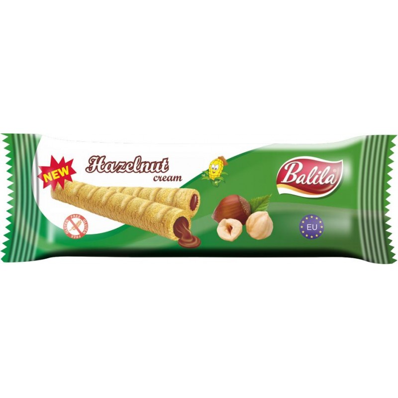 RURKI KUKURYDZIANE NADZIEWANE KREMEM O SMAKU ORZECHÓW LASKOWYCH BEZGLUTENOWE 18 g - BALILA