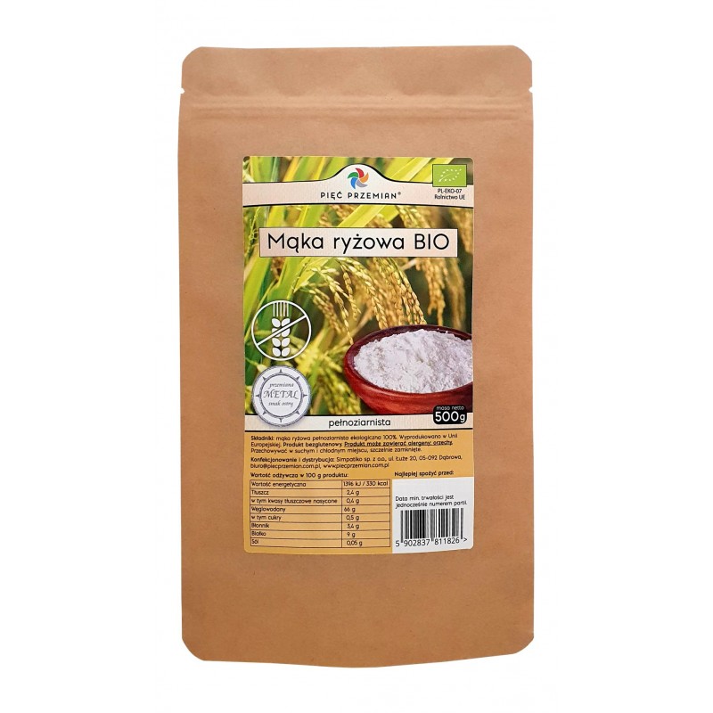 Mąka ryżowa pełnoziarnista BIO bezglutenowa 500 g - Pięć Przemian