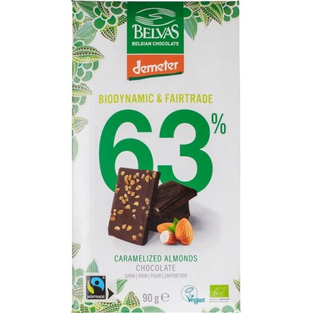 CZEKOLADA GORZKA 63 % Z KARMELIZOWANYMI MIGDAŁAMI FAIR TRADE DEMETER BIO 90 g - BELVAS