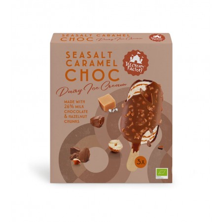 LODY NA PATYKU SŁONY KARMEL W POLEWIE CZEKOLADOWEJ Z ORZECHAMI LASKOWYMI BIO (3 x 80 ml) 240 ml - ICE CREAM FACTORY