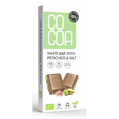 TABLICZKA BIAŁA Z PISTACJAMI I SOLĄ 60 % MNIEJ CUKRU BIO 40 g - COCOA