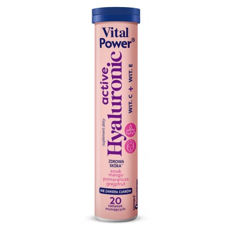 KWAS HIALURONOWY + WITAMINA C + WITAMINA E O SMAKU MANGO - POMARAŃCZA - GREJPFRUT 20 TABLETEK MUSUJĄCYCH - VITAL POWER